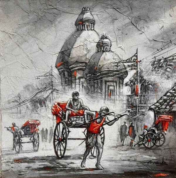 Kolkata Cityscape Cycle Rickshaw in front of Kali Temple Acrylic on Canvas