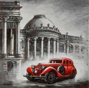 Acrylic on Canvas - Classic car in front of Rajbhavan [ Kolkata Cityscape ]