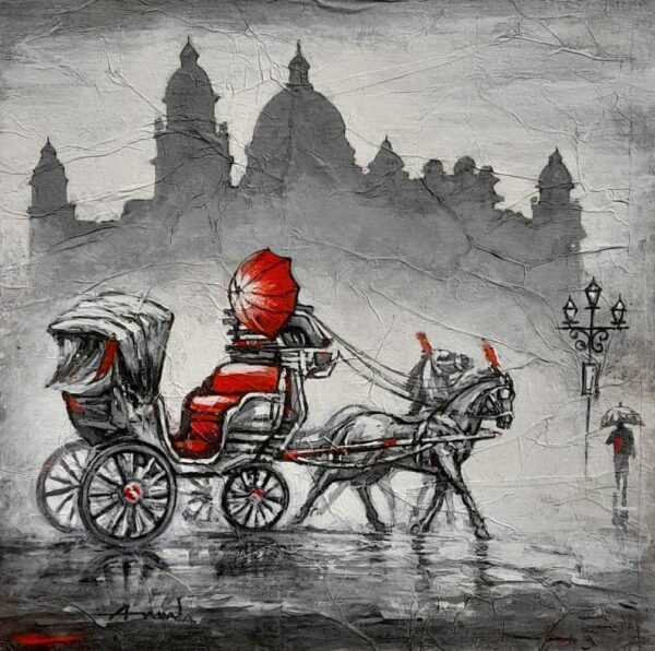 Acrylic on Canvas - Horse drawn carriage on a soft rainy day in front of Victoria Memorial