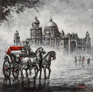 Acrylic on Canvas - Horse drawn carriage in front of Victoria Memorial [ Kolkata Cityscape ]