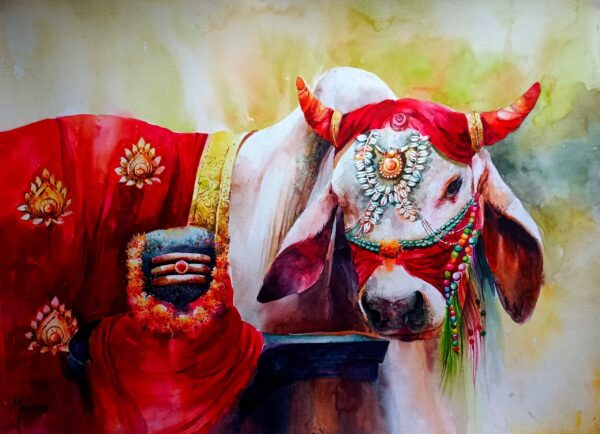 Art of Lord Shiva with Traditional Decorated Cow