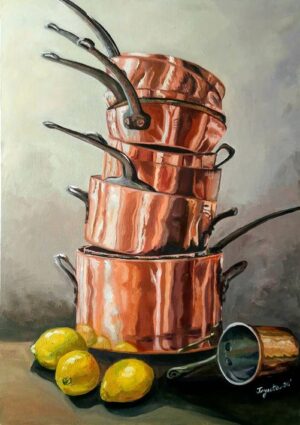 Painting of Copper Pots and Lemons