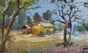 Village Landscape Watercolor Painting