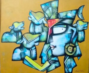 Cubist Radha with Cows in Vivid Abstract colour