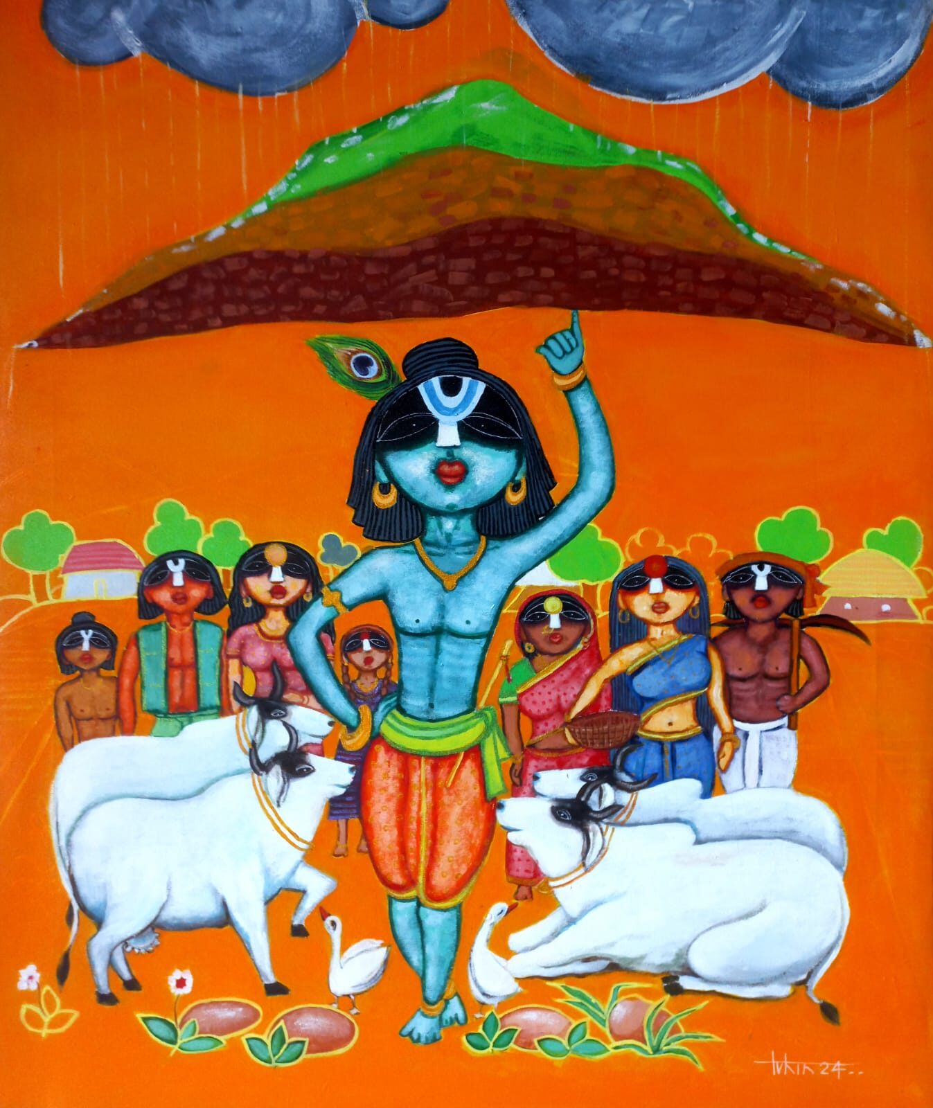 Krishna Painting of Lifting Govardhan Mountain