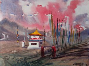 Painting of Temple | Monks by Temple under Vibrant Sky with Prayer Flags