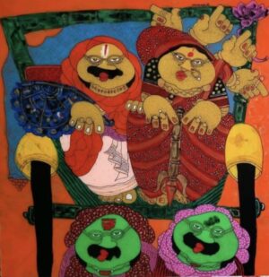 Indian Folk Couple Rickshaw Ride Painting