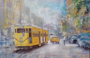 Kolkata Yellow Tram City Street Scene Art