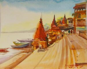 Varanasi Ghat Watercolor Indian Cityscape Art