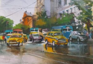 Kolkata Rainy Street Watercolor Painting