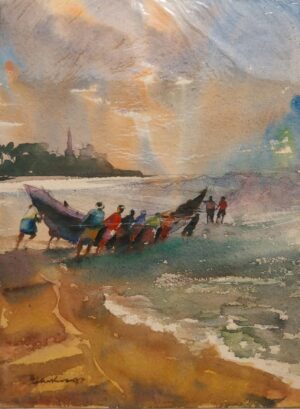 Coastal Fishermen Watercolor Painting