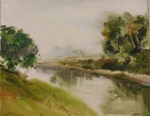 Serene Riverside Watercolor Painting