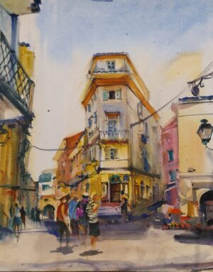 Charming Historic Street Watercolor Painting