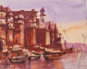 Riverside Ghat Watercolor Painting
